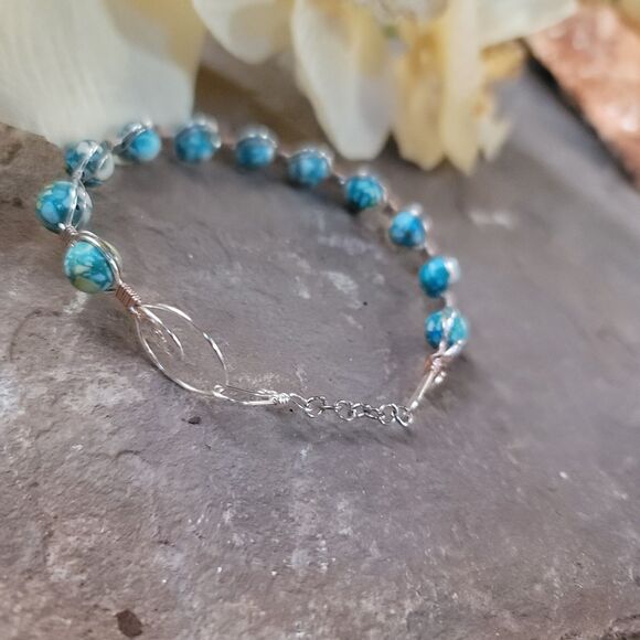 Handmade Turquoise Blue Beaded Silver Wire Wrapped Cuff Bracelet Boho Jewelry - Picture 3 of 4